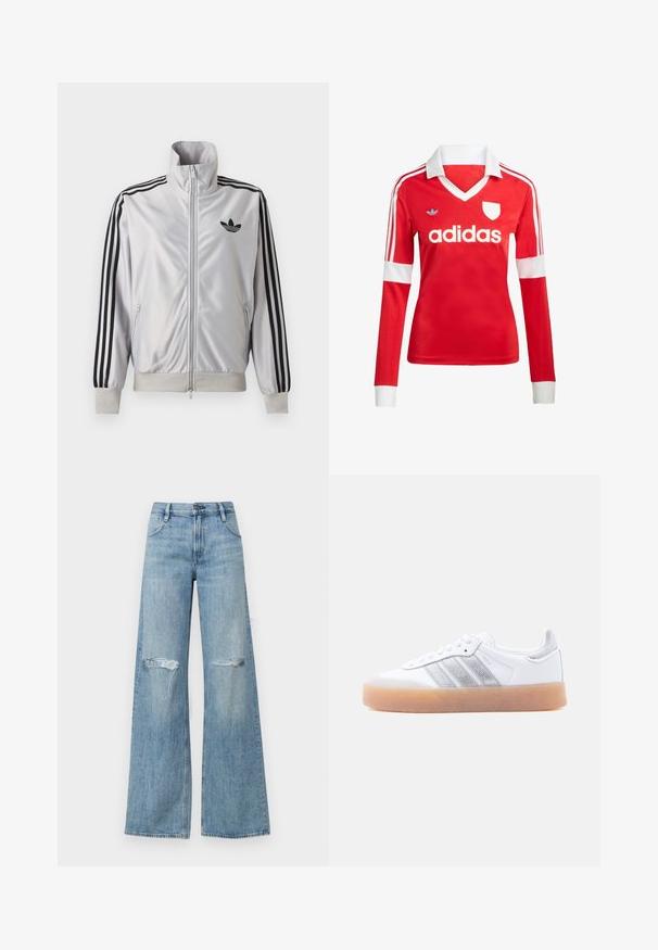 Biely zip-up kabát s čiernym detailom troch prúžkov na rukávoch, čiernym logom trefoil na hrudi a rebrovanými manžetami a lemom.; Červený futbalový dres s dlhým rukávom a bielym golierom a manžetami. Na ramenách sú tri biele pruhy a výrazne zobrazené logo "adidas".; Svetlomodré chino nohavice s vysokým pásom a širokými nohavicami, so zvädnutými obrami na kolenách, klasickým dizajnom s piatimi vreckami a so zipsom a zapínaním na gombík.; Biela nízka teniska s gumovou podrážkou, striebornými pruhovanými bočnými detailmi a šnurovacím zapínaním, zobrazená na jednofarebnom svetlom pozadí.