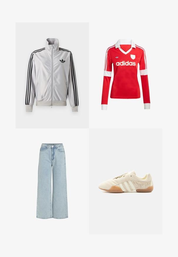 Veste blanche zippée avec détails trois bandes noirs sur les manches, logo trefoil noir sur la poitrine et poignets et ceinture côtelés.; Maillot de football à manches longues rouge avec un col et des poignets blancs. Présente trois rayures blanches sur les épaules et le logo "adidas" affiché en évidence.; Jean large en denim bleu clair avec taille haute, poches avant et fermeture par bouton. Caractéristiques d'une texture délavée et de lignes épurées.; Baskets beige profil bas avec trois bandes blanches, panneaux latéraux en suède texturé, semelle en gomme et fermeture à lacets sur fond uni.