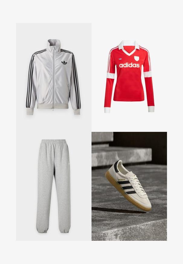 Weißes Reißverschlussjacke mit schwarzen drei Streifen an den Ärmeln, schwarzem Trefoil-Logo auf der Brust und gerippten Bündchen und Bund.; Rotes Fußballtrikot mit langen Ärmeln, weißem Kragen und weißen Ärmelbündchen. Es hat drei weiße Streifen auf den Schultern und das "adidas"-Logo ist auffällig platziert.; Hellgraue Jogginghose mit elastischem Bund und Bündchen, Seitentaschen und kleinem weißem Logo am oberen Oberschenkel.; Weißer Adidas Spezial Sneaker mit schwarzen Streifen und Kautschuksohle, der über grauen Steinstufen im Freien schwebt.
