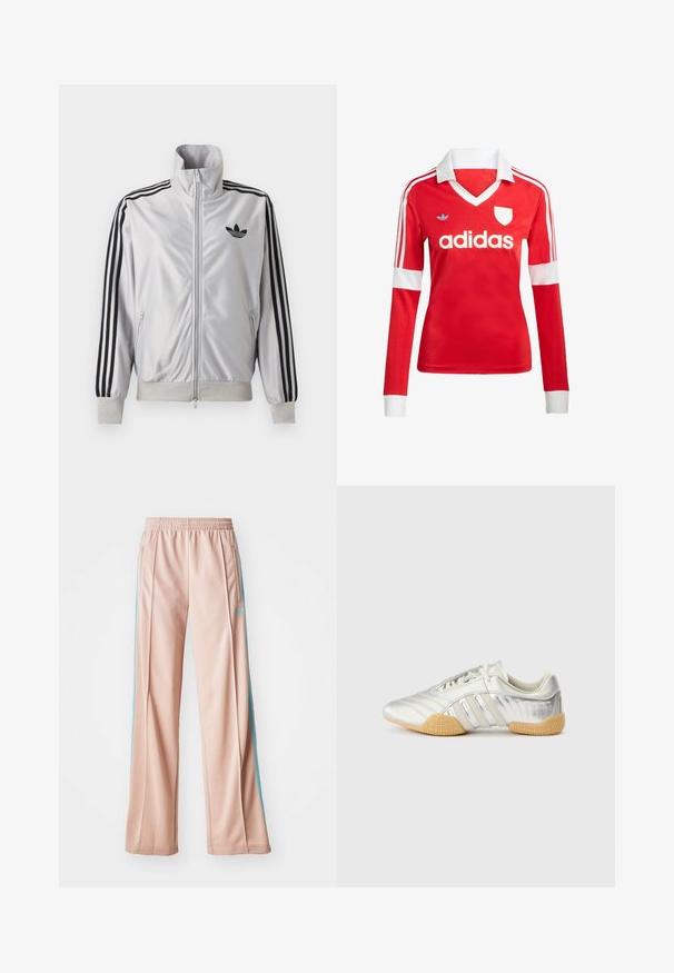 Veste blanche zippée avec détails trois bandes noirs sur les manches, logo trefoil noir sur la poitrine et poignets et ceinture côtelés.; Maillot de football à manches longues rouge avec un col et des poignets blancs. Présente trois rayures blanches sur les épaules et le logo "adidas" affiché en évidence.; Pantalons de sport rose clair avec une coupe décontractée, dotés de bandes latérales bleues et d'une taille élastique à cordon. Fabriqués en tissu lisse et léger.; Chaussure de sport argentée avec une tige en cuir lisse, une semelle en caoutchouc et des accents texturés. Présente un design incurvé et des lacets ton sur ton.