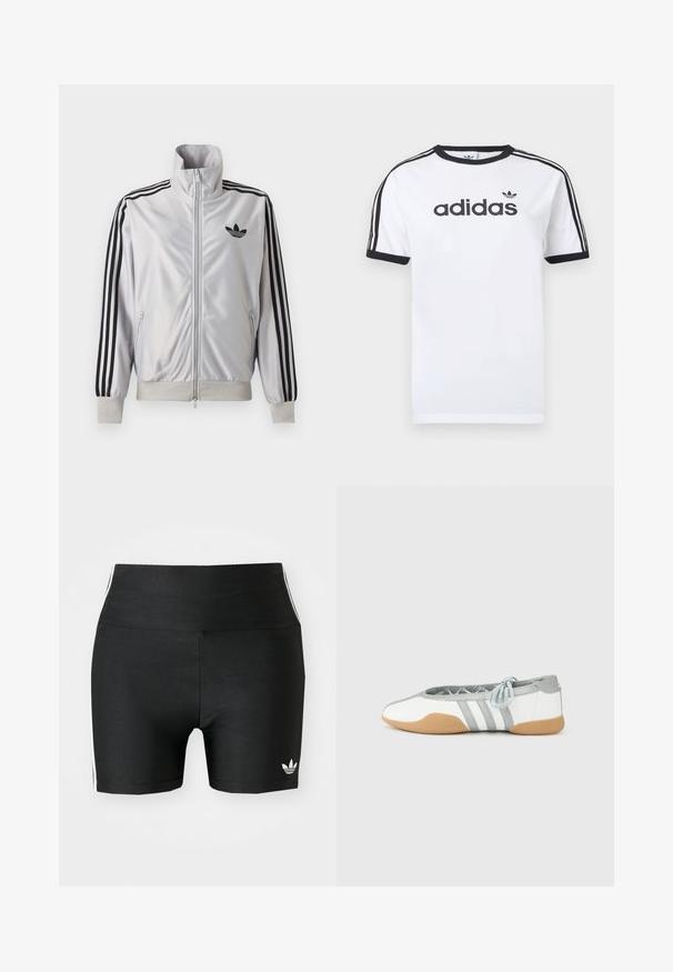Weißes Reißverschlussjacke mit schwarzen drei Streifen an den Ärmeln, schwarzem Trefoil-Logo auf der Brust und gerippten Bündchen und Bund.; Weißes Baumwoll-T-Shirt mit schwarzen Akzenten, verfügt über einen Rundhalsausschnitt, kurze Ärmel, drei schwarze Streifen auf den Schultern und das "adidas"-Logo in Schwarz.; Schwarze Sportshorts aus einem dehnbaren Stoff mit hoher Taille. Sie verfügen über weiße Seitenstreifen und ein kleines weißes Logo am Saum.; Weiße und graue Ballerinas mit abgerundeter Spitze und elastischer Schnürung, mit drei grauen Streifen und einer beigen Gummisohle.