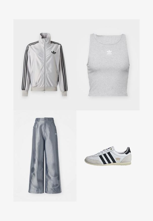 Weißes Reißverschlussjacke mit schwarzen drei Streifen an den Ärmeln, schwarzem Trefoil-Logo auf der Brust und gerippten Bündchen und Bund.; Graues, ärmelloses Crop-Top aus weichem Stoff, mit Rundhalsausschnitt und kleinem weißen Adidas-Logo auf der Brust.; Weite Hose aus glänzendem grauem Material, ausgestattet mit weißen seitlichen Streifen und einem Flammenmuster an den Unterschenkeln. Knopf- und Reißverschlussverschluss an der Taille.; Weiße Sneaker mit schwarzen Streifen und goldener Markenkennzeichnung. Verfügt über Materialien aus Wildleder und Leder, ein durchlässiges Obermaterial und eine strukturierte Gummisohle.