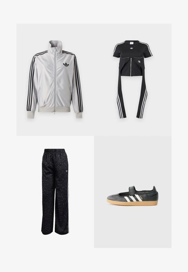 Valge lukuga jakk musta kolmetriibulise detailiga varrukatel, must trefoil-logo rinnal ning soonikkätte- ja vöökohaga.; Must lühikeste varrukatega pluus, mille varruka külgedel on valged Adidas triibud, ees lukk ja pikendatud kangast detailid, millel on kolm valget triipu.; Mustad mustad spordipüksid, millel on leopardimuster, elastne vöökoht ja valged külje Triibud. Valmistatud sujuvast ja kergekaalu kangast.; Mustmust ja sametist sneaker, millel on Velcro rihm, kolm valget triipu ja kummi tallad, küljel on silt "SAMBA".