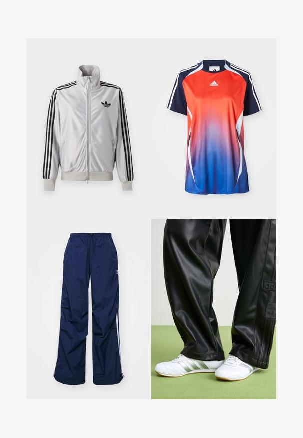 Hvid lynlåsjakke med sorte tre-stribe detaljer på ærmerne, sort trefoil-logo på brystet og ribbet manchetter og linning.; Adidas kortærmet sports T-shirt med en gradient fra rød til blå, med marineblå akcenter og hvide striber langs skuldrene.; Marineblå, letvægtsbukser med elastik i taljen og snøre, med hvide sidelister og et lille logo foran. Løs pasform.; Sorte faux leather bukser med en løs pasform, der har en glat overflade og sidelister. Sammen med hvide sneakers med sølvdetaljer.