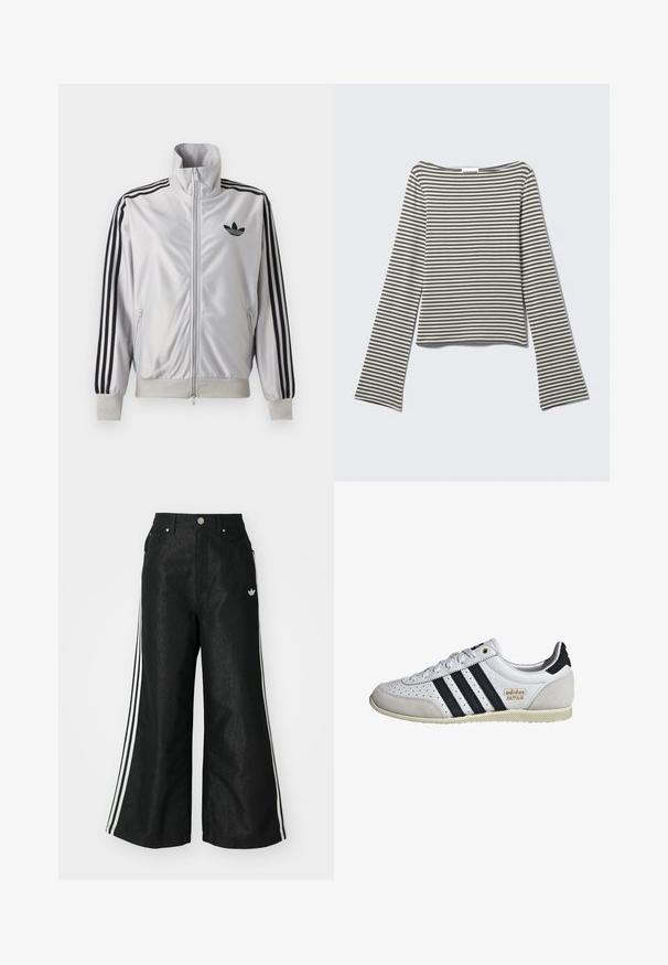 Chaqueta blanca con cremallera con detalles de tres rayas negras en las mangas, logo trefoil negro en el pecho y puños y cintura acanalados.; Top de manga larga y corte corto en rayas horizontales grises y blancas suaves, confeccionado con una tela suave, con un amplio escote estilo barco y mangas acampanadas.; Pantalones de denim anchos y negros con tres franjas blancas en cada lado y un pequeño logo blanco. Cuenta con bolsillos frontales y un cierre de botón.; Zapatilla blanca con rayas negras y marca dorada. Presenta materiales de ante y cuero, parte superior perforada y suela de goma texturizada.