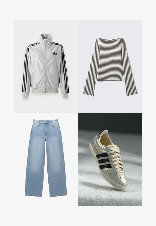 Veste blanche zippée avec détails trois bandes noirs sur les manches, logo trefoil noir sur la poitrine et poignets et ceinture côtelés.; Haut court à manches longues aux rayures horizontales gris et blanc atténuées, fabriqué en tissu doux avec un décolleté large style bateau et des manches évasées.; Jean large bleu clair fabriqué en denim. Doté d'une taille haute, de poches avant et d'une fermeture à boutons. Texture lisse avec un léger délavage.; Baskets en cuir gris clair avec des rayures noires, détails perforés, lacets beige et un logo doré. Semelle en caoutchouc texturée.