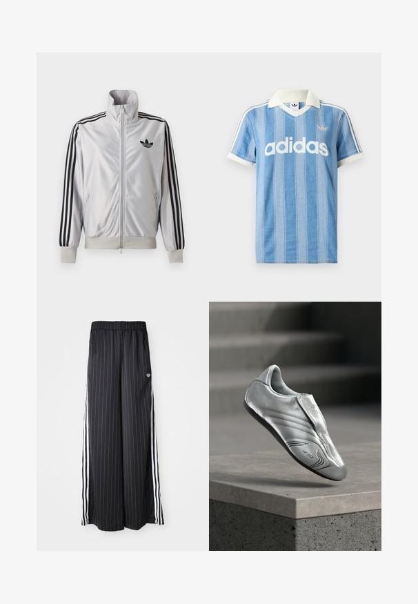 Valge lukuga jakk musta kolmetriibulise detailiga varrukatel, must trefoil-logo rinnal ning soonikkätte- ja vöökohaga.; Helehall sinine lühikeste varrukatega polo-särk vertikaalsete triipudega, valgete aktsentidega ja esiküljel nähtava valge "adidas" logoga.; Mustad lai jalad püksid vertikaalsete valgete triipudega, elastne vöökoht ja kolm valget triipu külgedel. Adidas logo ees.; Hõbedane jalgpallijalats, millel on sile ja pehme nahk, voolujooneline kuju, peened tekstuurijooned ja must kummist talla. Silmapaistev +F50 bränding.