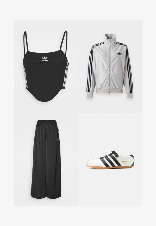 Weißes Reißverschlussjacke mit schwarzen drei Streifen an den Ärmeln, schwarzem Trefoil-Logo auf der Brust und gerippten Bündchen und Bund.; Schwarzes, geripptes Crop Top mit verstellbaren dünnen Trägern, das drei weiße Streifen an den Seiten und ein kleines weißes Adidas-Logo in der Mitte aufweist.; Schwarze, locker sitzende Jogginghosen aus glattem Material. Mit elastischem Bund und seitlichen Streifen mit Logo-Akzenten.; Weißer Adidas-Tokyo-Sneaker mit schwarzen Streifen, schwarzen Klettverschlüssen und Gummisohle, seitlich auf weißem Hintergrund dargestellt.