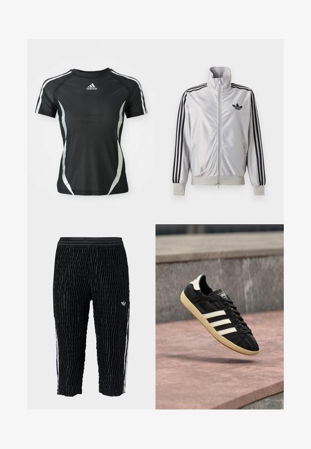 Weißes Reißverschlussjacke mit schwarzen drei Streifen an den Ärmeln, schwarzem Trefoil-Logo auf der Brust und gerippten Bündchen und Bund.; Schwarzes Adidas Sport-T-Shirt mit kurzen Ärmeln, weißen Streifen an den Schultern und silbernen gewölbten Akzenten an den Seiten.; Schwarze, strukturierte Adidas-Trainingshose mit elastischem Bund, weißen Seitenstreifen und kleinem weißen Adidas-Logo am Oberschenkel, in verkürzter Länge.; Schwarzer Adidas-Sneaker mit weißen Streifen und beiger Sohle, in der Luft über einer steinernen Oberfläche und mit Steinwand im Hintergrund aufgenommen.