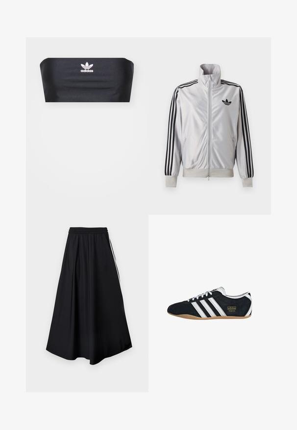 Biely zip-up kabát s čiernym detailom troch prúžkov na rukávoch, čiernym logom trefoil na hrudi a rebrovanými manžetami a lemom.; Čierny bandeau top vyrobený z hladkej textílie, s bielym logom Adidas umiestneným v strede na prednej strane, bez ďalších vzorov alebo ozdôb.; Čierne nohavice s širokými nohavicami, elastickým pásom a bielymi bočnými pruhmi, zobrazené na jednoduchom bielom pozadí.; Čierne semišové tenisky s bielymi tromi pruhmi, zlatým logom a hnedou gumovou podrážkou. Disponujú nízkym šnurovacím dizajnom.