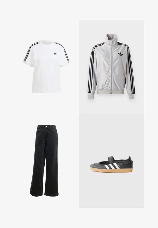Biely zip-up kabát s čiernym detailom troch prúžkov na rukávoch, čiernym logom trefoil na hrudi a rebrovanými manžetami a lemom.; Biela bavlnená tričko so krátkymi rukávmi, okrúhlym výstrihom a čiernymi vertikálnymi pruhmi na ramene, s malým čiernym logom na hrudi.; Džínsy s vysokým pásom a širokými nohavicami v čiernej farbe, s gombíkovým zapínaním, piatimi vreckami a malým vyšitým logom na prednej strane. Štruktúrovaná látka.; Čierne kožené a zamšové tenisky s Velcro pásikom, s tromi bielymi pruhmi a gumenou podrážkou, označené nápisom "SAMBA" na boku.