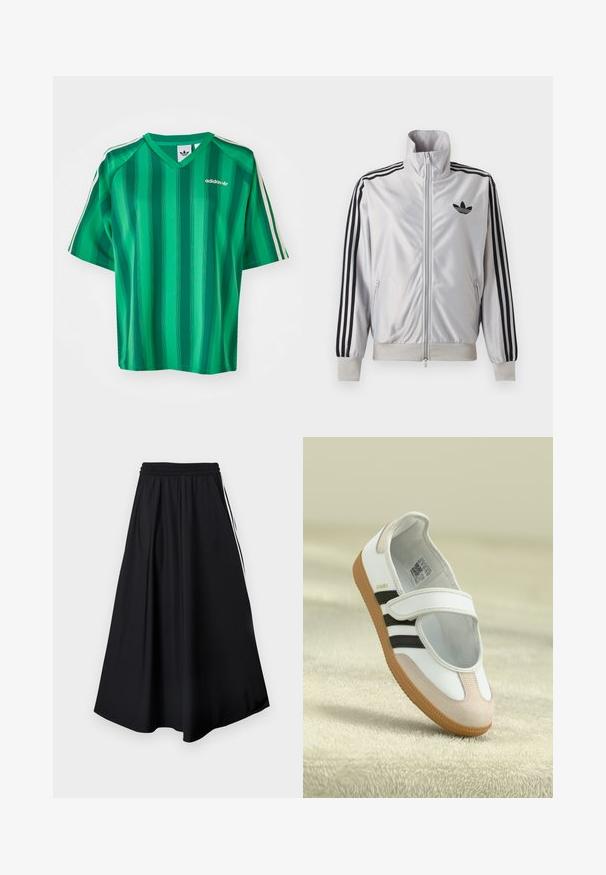 Biely zip-up kabát s čiernym detailom troch prúžkov na rukávoch, čiernym logom trefoil na hrudi a rebrovanými manžetami a lemom.; Zelené pruhované tričko s krátkym rukávom, výstrihom do V a logom Adidas. Má kontrastné biele bočné pruhy a hladkú, ľahkú tkaninu.; Čierne nohavice s širokými nohavicami, elastickým pásom a bielymi bočnými pruhmi, zobrazené na jednoduchom bielom pozadí.; Biele topánky s ružovým semišovým špičkou, čiernymi pruhmi a suchým zipsom. Majú hnedú gumovú podrážku a logo po boku.