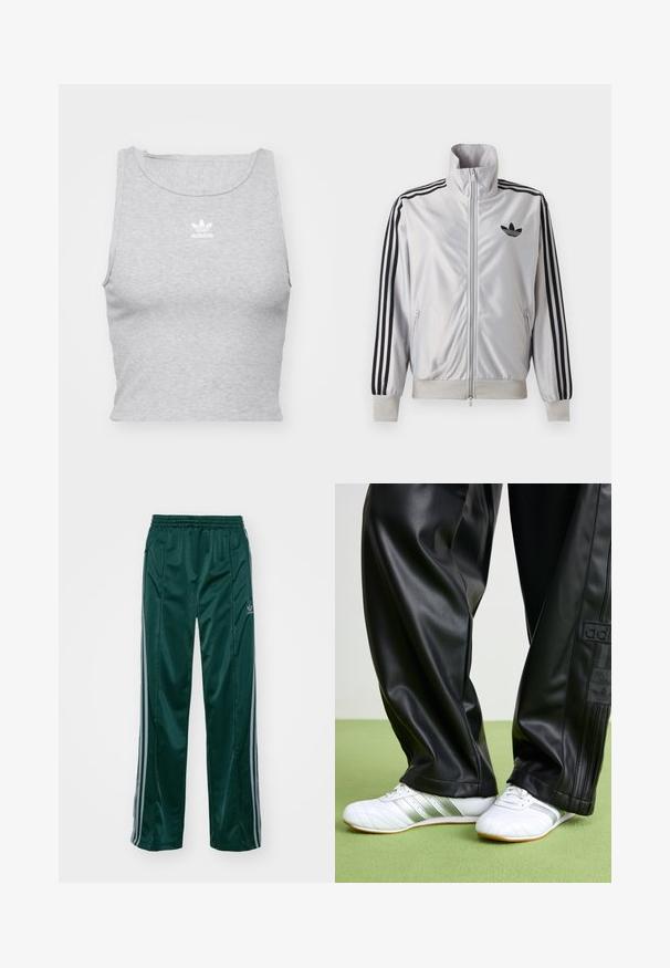 Weißes Reißverschlussjacke mit schwarzen drei Streifen an den Ärmeln, schwarzem Trefoil-Logo auf der Brust und gerippten Bündchen und Bund.; Graues, ärmelloses Crop-Top aus weichem Stoff, mit Rundhalsausschnitt und kleinem weißen Adidas-Logo auf der Brust.; Dunkelgrüne Sporthosen aus glänzendem Material, mit seitlichen Streifen in Hellgrau und einem gestickten Logo auf dem linken Bein.; Schwarze Kunstlederhosen mit einer lockeren Passform, die eine glatte Textur und seitliche Streifen aufweisen. Kombiniert mit weißen Sneakers mit silbernen Akzenten.