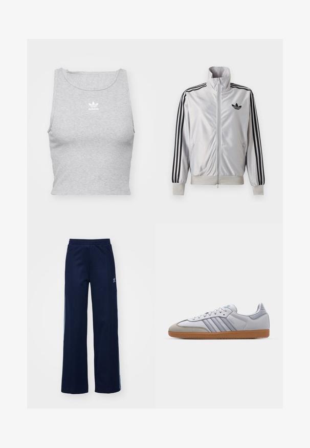 Valge lukuga jakk musta kolmetriibulise detailiga varrukatel, must trefoil-logo rinnal ning soonikkätte- ja vöökohaga.; Hallikas, ilma varrukat crop top pehmest kangast, ümarate kaelustega ja väikese valge Adidas logo'ga rinna peal.; Tumesinise puuvillaseguse kangaga dressipüksid laia säärekujundusega, elastse värvliga ja tõmblukkudega taskutega, millel on valged külg triibud ja logodetail.; Valged nahast tossud helesiniste detailidega, hallist suede'ist varvas ja pruun kummitald. Omab kolme sinist triipu ja "Samba" brändimist.
