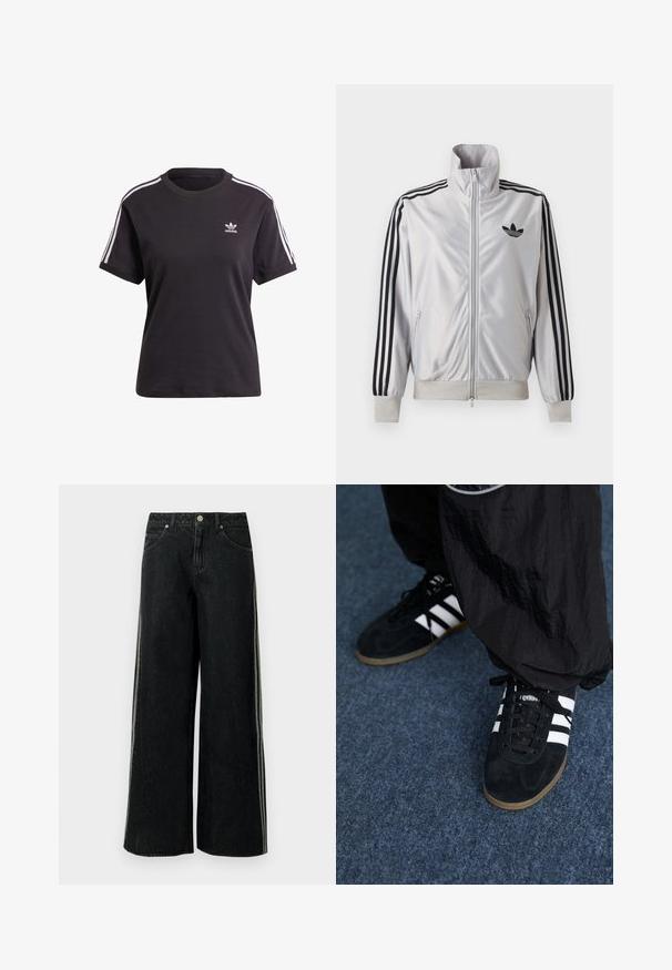Hvid lynlåsjakke med sorte tre-stribe detaljer på ærmerne, sort trefoil-logo på brystet og ribbet manchetter og linning.; Sort bomulds t-shirt med korte ærmer og rund hals, der har hvide striber på skuldrene og et lille hvidt Adidas-logo på brystet.; Sorte vidde denimjeans med sidelommer, forlommer, bæltestropper og en metal lynlås ved taljen.; Sorte suedetrainingssko med tre hvide striber og sorte snørebånd. Et tekstureret sort bukser er delvist synligt ved siden af skoene.