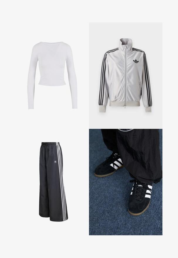Hvid lynlåsjakke med sorte tre-stribe detaljer på ærmerne, sort trefoil-logo på brystet og ribbet manchetter og linning.; Hvid langærmet cropped top med rund halsudskæring, lavet af et glat, strækbart stof, med en tætsiddende pasform og ingen synlige lukninger.; Sorte atletikbukser lavet af letvægtsmateriale, med tre hvide lodrette striber og en elastisk talje med snøre.; Sorte suedetrainingssko med tre hvide striber og sorte snørebånd. Et tekstureret sort bukser er delvist synligt ved siden af skoene.