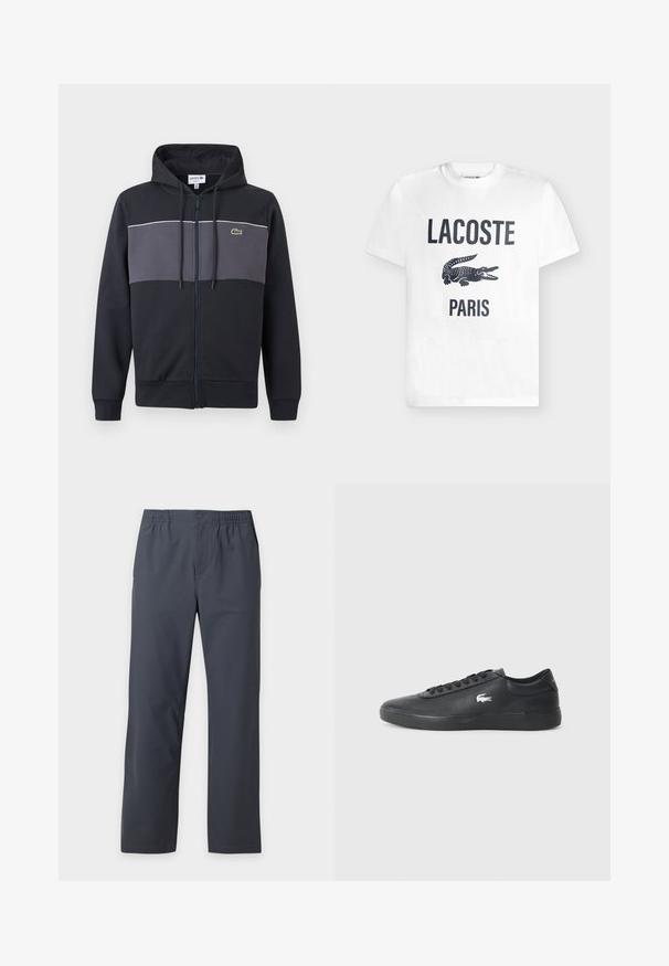 Sweat à capuche zippé noir et gris foncé avec capuche à cordon de serrage et logo crocodile vert Lacoste sur la poitrine.; T-shirt blanc à manches courtes avec texte noir "LACOSTE", un grand imprimé crocodile noir et texte "PARIS" en dessous sur le devant.; Pantalon droit gris foncé avec taille élastique et fermeture par boutons à l'avant sur un fond uni clair.; Sneaker en cuir noir avec bout arrondi, semelle plate et logo blanc sur le côté. Présente des lacets noirs et une finition lisse et mate.
