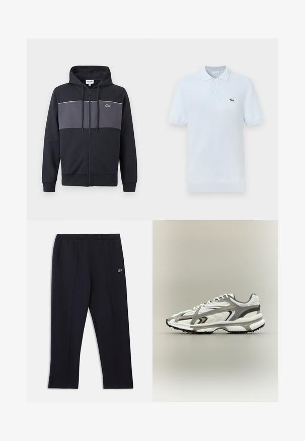 Sweat à capuche zippé noir et gris foncé avec capuche à cordon de serrage et logo crocodile vert Lacoste sur la poitrine.; Polo bleu clair en coton doux, doté d'un col classique, de deux boutons et d'un petit logo crocodile vert sur la poitrine.; Pantalon de sport noir avec poches latérales, ceinture élastique, fines bandes latérales et petit logo crocodile vert sur la hanche droite.; Chaussure de sport avec une tige en mesh blanc, des accents gris, une semelle en caoutchouc noire et un design épuré. Elle présente des lacets et des détails texturés.