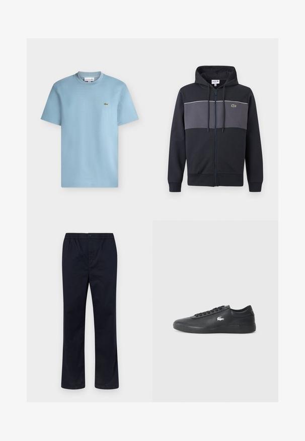 Sweat à capuche zippé noir et gris foncé avec capuche à cordon de serrage et logo crocodile vert Lacoste sur la poitrine.; T-shirt bleu clair à manches courtes et col rond avec un petit logo crocodile vert sur le côté gauche de la poitrine.; Pantalon pour homme bleu marine avec ceinture élastique, fermeture par bouton et coupe droite, sur un fond uni clair.; Sneaker en cuir noir avec bout arrondi, semelle plate et logo blanc sur le côté. Présente des lacets noirs et une finition lisse et mate.