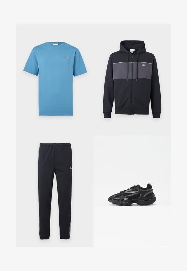 Sweat à capuche zippé noir et gris foncé avec capuche à cordon de serrage et logo crocodile vert Lacoste sur la poitrine.; T-shirt bleu à manches courtes avec col rond et petit logo de crocodile vert sur le côté gauche de la poitrine, présenté sur fond blanc.; Pantalon de sport noir avec taille élastique, jambes fuselées, bandes latérales blanches et petit logo crocodile vert sur la cuisse droite.; Baskets de sport noires avec tige en mesh et synthétique. Comprend une semelle texturée, des accents réfléchissants et un talon renforcé.