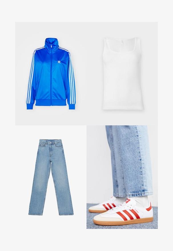adidas Originals ADICOLOR CLASSICS FIREBIRD LOOSE - Sweatjakke - blue bird; Hvid ribbet tanktop med rektangulær udskæring og brede skulderstropper. Stofmaterialet har en tekstureret, strækbar overflade.; Lys blå denim jeans med høj talje, lige ben-design, der har fem lommer og en knaplukning. Ingen synlige mønstre.; Hvide lædersneakers med røde striber og accenter. Har en tekstureret gummisål og polstret krave. Bæres med lyseblå denim.