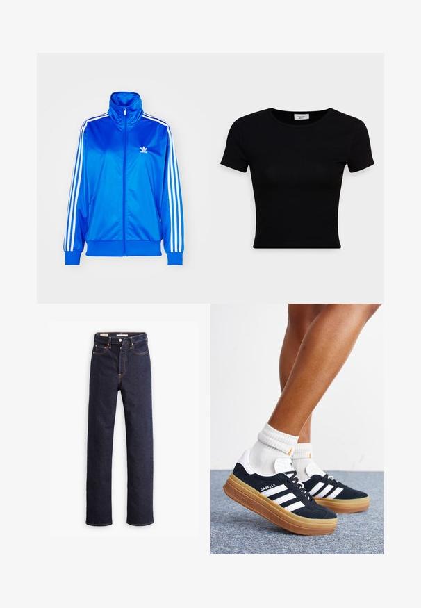 adidas Originals ADICOLOR CLASSICS FIREBIRD LOOSE - Sweatjacke - blue bird; Schwarz, kurzärmliges T-Shirt aus glattem Baumwollstoff, mit rundem Ausschnitt und figurbetontem Schnitt. Minimalistisch ohne sichtbare Muster.; Dunkelblaue gerade geschnittene Denim-Jeans mit fünf Taschen und sichtbaren orangefarbenen Nähten auf einem weißen Hintergrund.; Beine mit weißen Socken und schwarzen Adidas Gazelle Sneakers mit weißen Streifen und dicken braunen Sohlen auf einem grauen Teppichboden.