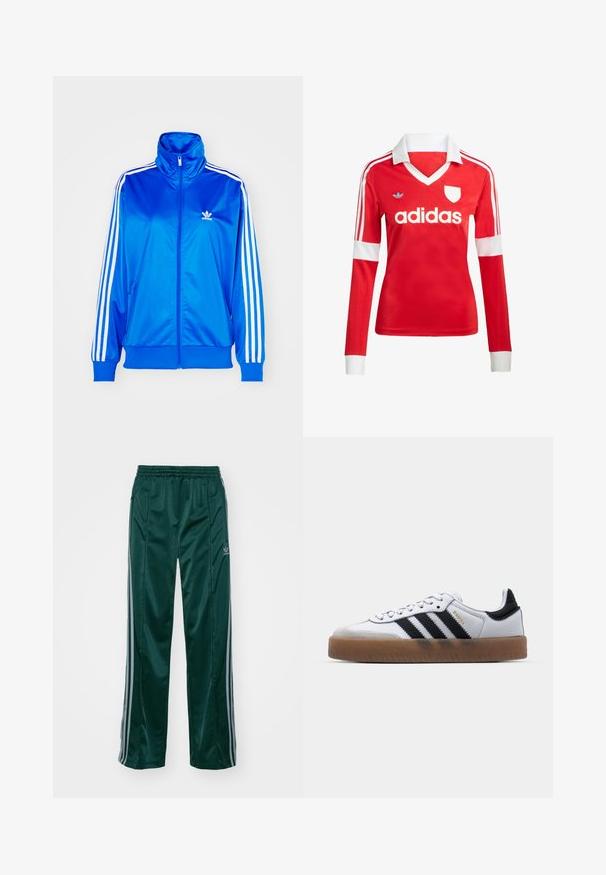 adidas Originals ADICOLOR CLASSICS FIREBIRD LOOSE - Sweat zippé - blue bird; Maillot de football à manches longues rouge avec un col et des poignets blancs. Présente trois rayures blanches sur les épaules et le logo "adidas" affiché en évidence.; Pantalons de sport vert foncé en matériau brillant, avec des bandes latérales gris clair et un logo brodé sur la jambe gauche.; Baskets en cuir blanc avec des rayures noires, semelle extérieure en caoutchouc beige, bout rond, fermeture lacée et embout en suède gris doux.