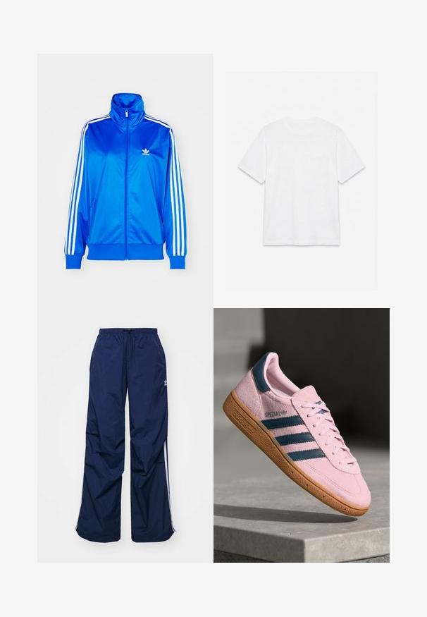 adidas Originals ADICOLOR CLASSICS FIREBIRD LOOSE - Sweatjacke - blue bird; Schlichtes weißes T-Shirt mit kurzen Ärmeln und Rundhalsausschnitt, flach auf weißem Hintergrund liegend.; Navyblaue, leichte Hosen mit elastischem Bund und Kordelzug, versehen mit weißen Seitenstreifen und einem kleinen Logo vorne. Locker geschnittenes Design.; Hellrosa Wildleder-Sneaker mit navyblauen drei Streifen, Gummisohle und hellrosa Schnürsenkeln. Mit "SPEZIAL"-Branding an der Seite.