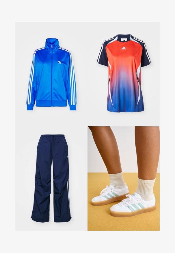 adidas Originals ADICOLOR CLASSICS FIREBIRD LOOSE - Sweatjakke - blue bird; Adidas kortærmet sports T-shirt med en gradient fra rød til blå, med marineblå akcenter og hvide striber langs skuldrene.; Marineblå, letvægtsbukser med elastik i taljen og snøre, med hvide sidelister og et lille logo foran. Løs pasform.; Hvite sneakers med mintgrønne striber, gummisål og snørebånd, parret med ribbede cremefarvede sokker. Sat mod en gul baggrund.