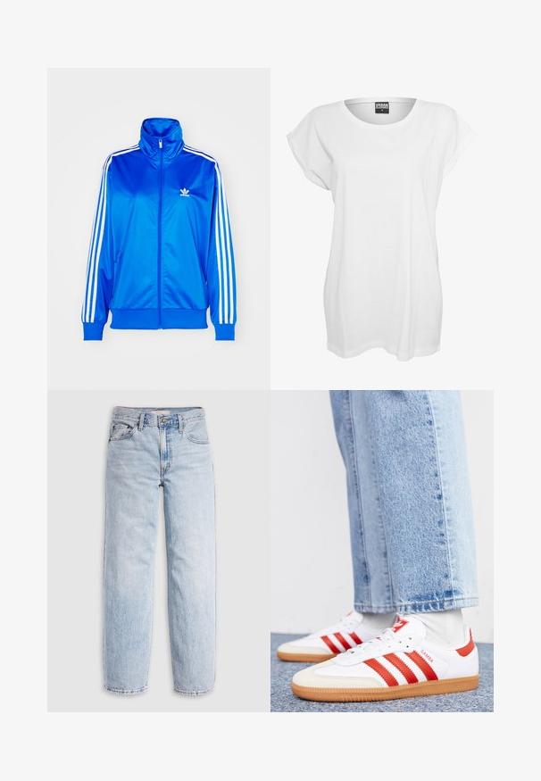 adidas Originals ADICOLOR CLASSICS FIREBIRD LOOSE - Sudadera con cremallera - blue bird; Camiseta blanca de manga corta hecha de algodón, con un corte relajado, cuello ancho y un diseño minimalista sin patrones ni adornos.; Jeans de mezclilla azul claro con cintura alta, corte relajado, piernas rectas y un diseño clásico de cinco bolsillos. Desgastado visible y detalles de costuras.; Zapatillas de cuero blancas con rayas y detalles rojos. Cuentan con una suela de goma texturizada y un collar acolchado. Llevadas con denim azul claro.