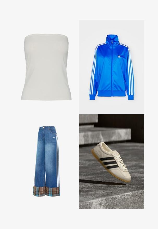 adidas Originals ADICOLOR CLASSICS FIREBIRD LOOSE - Sudadera con cremallera - blue bird; Top sin tirantes de tela beige claro, diseño ajustado con una textura suave, bordes sin costuras y sin patrones ni detalles de hardware visibles.; Pantalones vaqueros de pierna ancha en azul claro, con franjas blancas laterales y un puño de cuadros marrón. Hechos de un tejido suave y texturizado.; Zapatilla blanca con rayas negras y suela de goma suspendida sobre escaleras de hormigón en luz diurna suave.