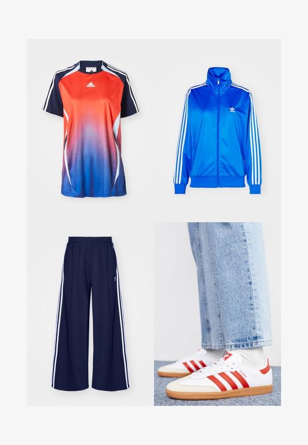 adidas Originals ADICOLOR CLASSICS FIREBIRD LOOSE - Sweatjakke - blue bird; Adidas kortærmet sports T-shirt med en gradient fra rød til blå, med marineblå akcenter og hvide striber langs skuldrene.; adidas Originals PANT - Træningsbukser - night indigo; Hvide lædersneakers med røde striber og accenter. Har en tekstureret gummisål og polstret krave. Bæres med lyseblå denim.