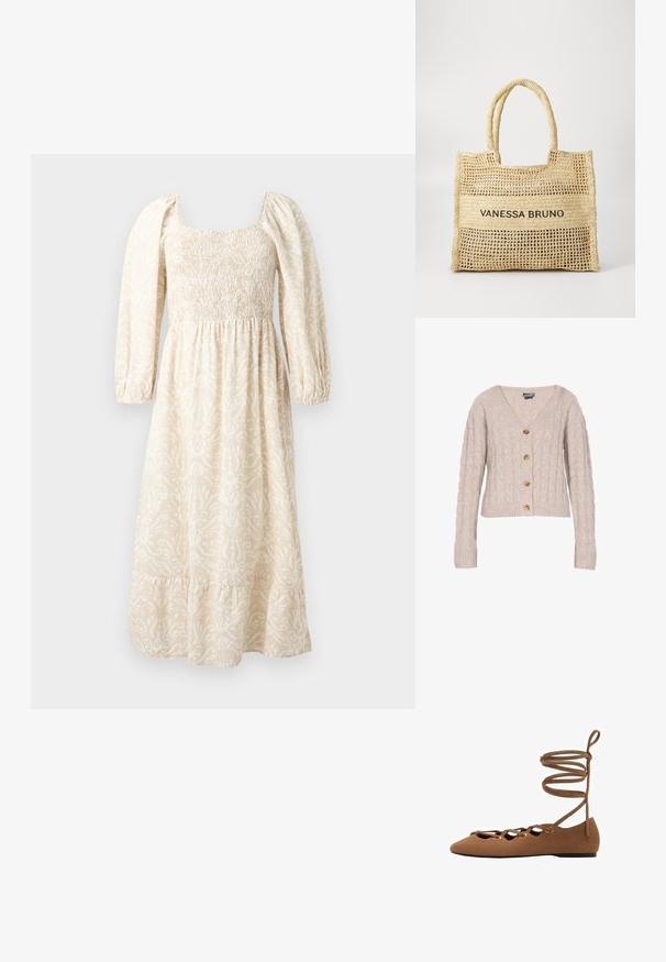 Cardigan beige en tricot à torsades avec un col en V, des manches longues et une fermeture éclair à quatre boutons sur le devant. Fabriqué en tissu doux et texturé.; Robe longue crème à corsage smocké, manches longues bouffantes, poignets élastiques et motif floral subtil, tombant jusqu'à un ourlet à volants.; Ballerines en suède marron avec un bout pointu, un design découpé et des sangles croisées. Elles présentent des œillets dorés et une semelle plate.; Sac fourre-tout tissé beige avec deux poignées et "VANESSA BRUNO" imprimé en noir sur un panneau tissé solide au centre.