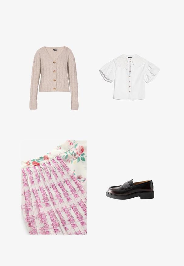 Beige cardigan z pleteným vzorom s V-výstrihom, dlhými rukávmi a štyrmi gombíkmi na zapínanie vpredu. Vyrobený z mäkkej, textúrovanej látky.; Biela blúzka s veľkým vlnkovaným golierom, zlatými gombíkmi vpredu a objemnými krátkymi nafúknutými rukávmi.; Kvetinové šaty s bielym pozadím a ružovými a zelenými kvetinovými vzormi, s plisovaným dizajnom a hladkou textúrou látky.; Tmavohnedý kožený mokasín s penny remienkom, detailom šitia a hrubou čiernou gumovou podrážkou, zobrazený z boku na bielom pozadí.