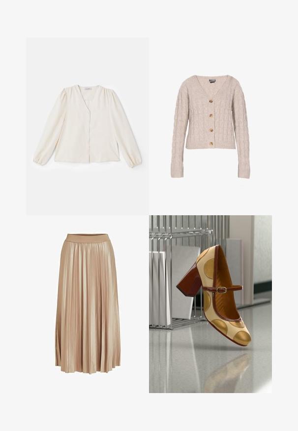 Cárdigan de punto beige con escote en V, mangas largas y cierre de cuatro botones en el frontal. Fabricado en una suave tela texturizada.; Blusa de marfil con mangas largas abullonadas, escote en V y cierre de botones en la parte frontal. Tejido suave, con un corte relajado y costuras de hombro fruncidas.; Falda midi plisada en tejido de satén beige claro. Presenta una cinturilla ancha y elástica y elegantes pliegues verticales a lo largo de toda su longitud.; Zapato de tacón ancho en cuero crema y dorado con patrones redondos, una correa marrón contrastante con hebilla metálica y una suela roja brillante.