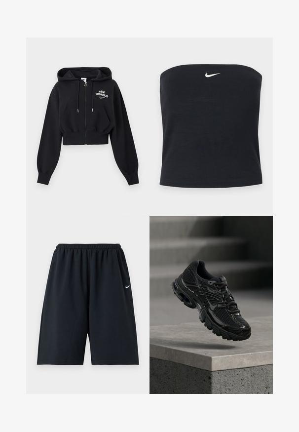 Hoodie noir court à zip avec cordons, poches avant, poignets côtelés et logo "nike athletics" sur le côté gauche de la poitrine.; Top tube noir sans bretelles Nike avec logo Swoosh blanc centré près du bord supérieur, fond uni.; Short de sport noir Nike avec taille élastique et petit logo blanc Swoosh sur la cuisse droite, présenté sur un fond uni.; Chaussure de course noire Nike avec tige en mesh et synthétique flottant au-dessus d'une surface en béton avec des marches en arrière-plan.