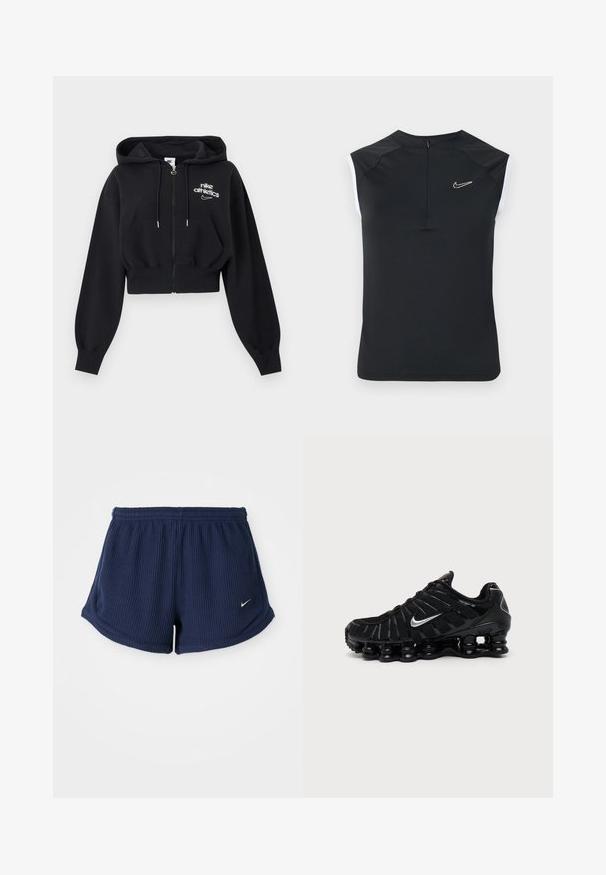 Schwarzer, kurz geschnittener Hoodie mit Reißverschluss, Kordelzug, Fronttaschen, gerippten Bündchen und „nike athletics“-Logo auf der linken Brust.; Schwarzes ärmelloses Sportoberteil mit hohem Kragen, das ein kleines weißes Nike-Logo auf der Brust und kontrastierende weiße Akzente an den Armlöchern aufweist.; Dunkelblaue, gestreifte Sportshorts mit einem elastischen Bund, versehen mit einem kleinen weißen Nike-Logo an der unteren Seite. Weicher Stoff.; Schwarzer Nike Sportschuh mit silbernem Swoosh-Logo, Mesh- und synthetischem Obermaterial und einer markanten segmentierten gepolsterten Sohle.