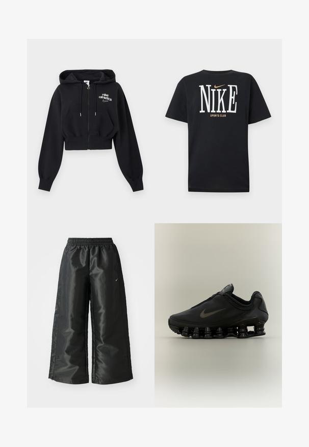 Mustast lühendatud lukuga kapuutsiga pusa, millel on tõmblukud, ees taskud, soonikkoes varrukate äärised ning vasakul rinnal "nike athletics" logo.; Must Nike lühikeste varrukatega T-särk, millel on suur valge "NIKE" tekst, väike kuldne Nike Swoosh logo üleval ja "SPORTS CLUB" tekst logo all.; Mustad mustad sportsipüksid läikiva, siledaga kangaga, pa elastse vöökoha, laia sääre ja väikese logoga vasakul küljel.; Must Nike tennisejalats lukuga pealisega ja iseloomuliku kevadise jaotusega tallaga, nähtud küljelt neutraalsel taustal.