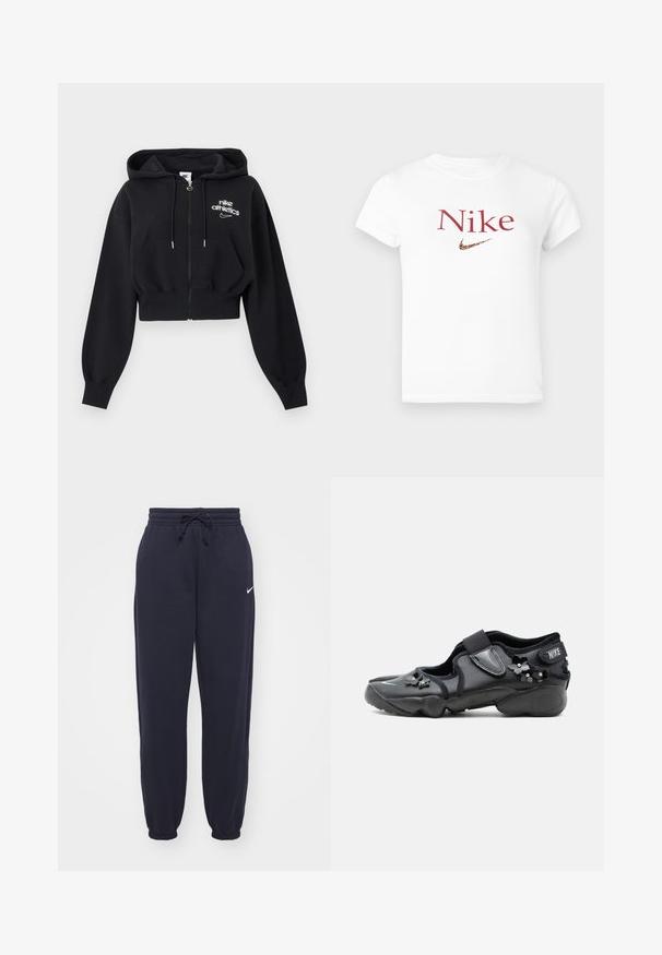 Sudadera corta negra con cremallera, cordones, bolsillos delanteros, puños acanalados y logo de "nike athletics" en el pecho izquierdo.; Camiseta blanca de manga corta con texto rojo "Nike" y un logo de swoosh de Nike en estampado de leopardo centrado en el pecho.; Pantalones de chándal Nike en azul marino, hechos de un material suave. Cuenta con una cintura elástica con cordón y tobillos ajustados. Pequeño acento con el logo blanco.; Zapato negro Nike Air con tira de velcro, decorado con pequeños adornos florales negros en el lateral y en la parte delantera.