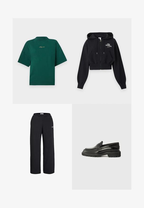 Schwarzer, kurz geschnittener Hoodie mit Reißverschluss, Kordelzug, Fronttaschen, gerippten Bündchen und „nike athletics“-Logo auf der linken Brust.; Grünes Baumwoll-T-Shirt mit hohem Hals, kurzen Ärmeln und einem in Gold gestickten Logo auf der Brust. Einfaches, weit geschnittenes Design.; Schwarze Sweatpants mit geradem Bein, elastischem Bund und kleinem weißem Logo am oberen Oberschenkel, entworfen für den lässigen Gebrauch.; Schwarze Leder Slipper mit abgerundetem Zehenbereich, dickem strukturiertem Profil und dezenten Nähdetails. Auf der Rückseite befindet sich ein kleines Logo.