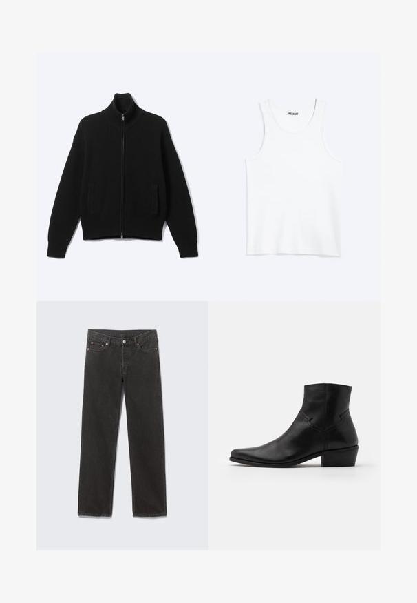 Pull noir en maille avec fermeture éclair, col montant et deux poches avant, présenté sur un fond clair uni.; Débardeur blanc sans manches avec col rond et étiquette de la marque Weekday à l'intérieur du col arrière, présenté à plat sur un fond clair.; Jean denim noir à jambes droites avec poches avant, passants de ceinture et fermeture par bouton, disposé à plat sur un fond gris.; Bottine en cuir noir à bout pointu, avec des détails de couture minimalistes, un talon carré de hauteur intermédiaire et une finition lisse et brillante.