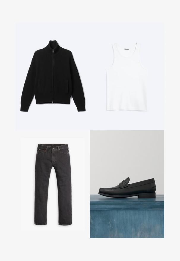 Sort strikket sweater med lynlås og høj krave samt to forlommer, vist på en ensfarvet lys baggrund.; Hvid ærmeløs tanktop med rund halsudskæring og Weekday-mærke på den indvendige baghals, vist fladt på lys baggrund.; Sorte straight-leg denim jeans med fem lommer, knaplukning og copper nitter liggende fladt på en hvid baggrund.; Sorte læderloafers med rund tå, detaljeret syning og en lav, firkantet hæl. Glat tekstur og minimalistisk design.