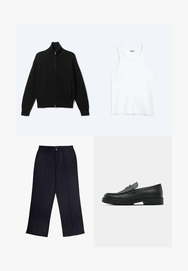 Sort strikket sweater med lynlås og høj krave samt to forlommer, vist på en ensfarvet lys baggrund.; Hvid ærmeløs tanktop med rund halsudskæring og Weekday-mærke på den indvendige baghals, vist fladt på lys baggrund.; Sorte viddebukser lavet af glat stof med lynlås og knaplukning samt forlommer. Bemærkelsesværdige folder ned ad hvert ben.; Sorte læder loafers med rund tå, der har et syet design, lav platformssål og en struktureret, skridsikker gummisål.