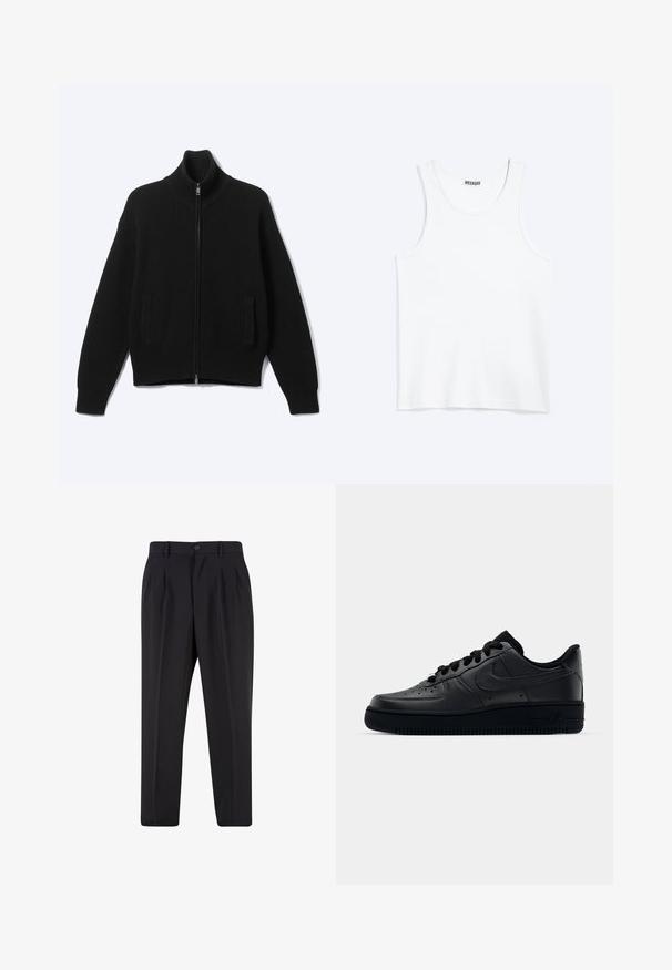 Pull noir en maille avec fermeture éclair, col montant et deux poches avant, présenté sur un fond clair uni.; Débardeur blanc sans manches avec col rond et étiquette de la marque Weekday à l'intérieur du col arrière, présenté à plat sur un fond clair.; Pantalon noir sur mesure avec plis à l'avant, passants pour ceinture et fermeture par bouton à la taille.; Baskets Nike Air Force 1 noires avec un dessus en cuir lisse, bout perforé pour la respirabilité, lacets noirs et semelle en caoutchouc texturé.
