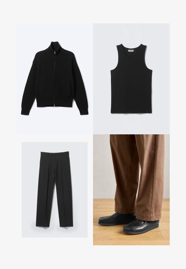 Jersey negro de punto con cremallera, cuello alto y dos bolsillos delanteros, mostrado sobre un fondo claro liso.; Camiseta negra sin mangas con costillas, escote redondo y etiqueta de la marca Weekday en el interior del cuello trasero.; Pantalones negros a medida con pinzas delanteras, bolsillos laterales, trabillas para cinturón y cierre de botón en la cintura sobre un fondo claro.; Zapatos de cuero negros con diseño de mocasín y detalles de costura, combinados con pantalones marrones, sobre un suelo de madera.