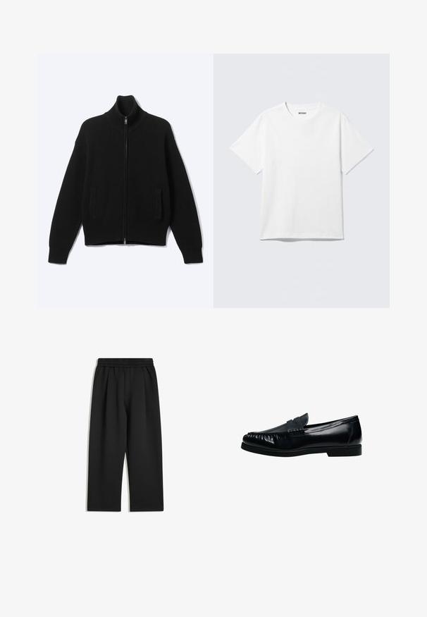 Zwarte gebreide trui met rits, hoge kraag en twee voorzakken, weergegeven op een effen lichte achtergrond.; Witte T-shirt met korte mouwen en ronde hals, plat gelegd, effen ontwerp, met een "WEEKDAY" label in de kraag op een lichte achtergrond.; Zwarte wijde broek met elastische tailleband en zijzakken, plat weergegeven op een witte achtergrond.; Zwarte leren heren penny loafer met gestikte moc toe en lage hak, zijaanzicht op witte achtergrond.