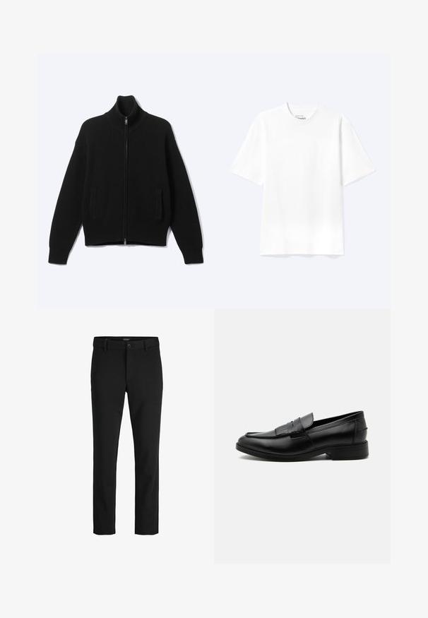 Pull noir en maille avec fermeture éclair, col montant et deux poches avant, présenté sur un fond clair uni.; T-shirt blanc uni à manches courtes et col rond avec une coupe décontractée, présenté sur un fond clair.; Pantalon noir slim-fit avec passants pour ceinture, fermeture par bouton et devant lisse.; Mocassin homme en cuir noir avec détail pompon, bout arrondi, talon bas et finition polie lisse, montré de profil sur fond blanc.