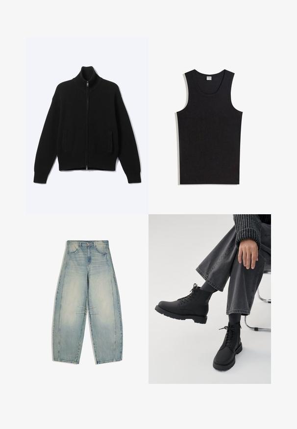 Pull noir en maille avec fermeture éclair, col montant et deux poches avant, présenté sur un fond clair uni.; Débardeur noir en coton, doté d'un col rond et d'une coupe sans manches. Texture lisse sans motifs ni accents visibles.; Jean large en denim bleu clair lavé, avec poches devant et arrière, fermeture par boutons, et détails subtilement délavés sur les cuisses et les genoux.; Personne assise jambes croisées portant des bottes noires à lacets, des chaussettes foncées, un pantalon gris à jambes larges et un pull côtelé foncé sur fond blanc.