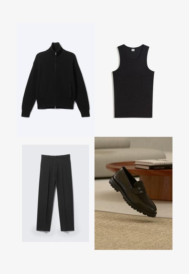 Pull noir en maille avec fermeture éclair, col montant et deux poches avant, présenté sur un fond clair uni.; Débardeur noir en coton, doté d'un col rond et d'une coupe sans manches. Texture lisse sans motifs ni accents visibles.; Pantalon noir ajusté avec plis avant, poches latérales, passants de ceinture et fermeture par bouton à la taille sur un fond clair.; Mocassin en cuir noir avec semelle épaisse à crampons flottant au-dessus d'un tapis beige texturé, table basse ronde en bois et livres empilés en arrière-plan.