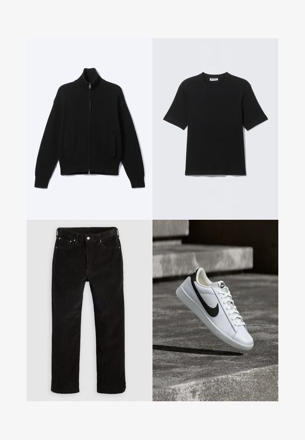 Sort strikket sweater med lynlås og høj krave samt to forlommer, vist på en ensfarvet lys baggrund.; Sort kortærmet T-shirt med rund hals og "WEEKDAY" mærke på indersiden af kraven, vist fladt på en lys baggrund.; Sorte corduroy lige bukser med frontknap, lynlås, bæltestropper og fem-lomme design på en ensfarvet lys baggrund.; Hvid læder Nike sneaker med sort swoosh, snørebånd bundet, svæver over teksturerede grå betontrin.
